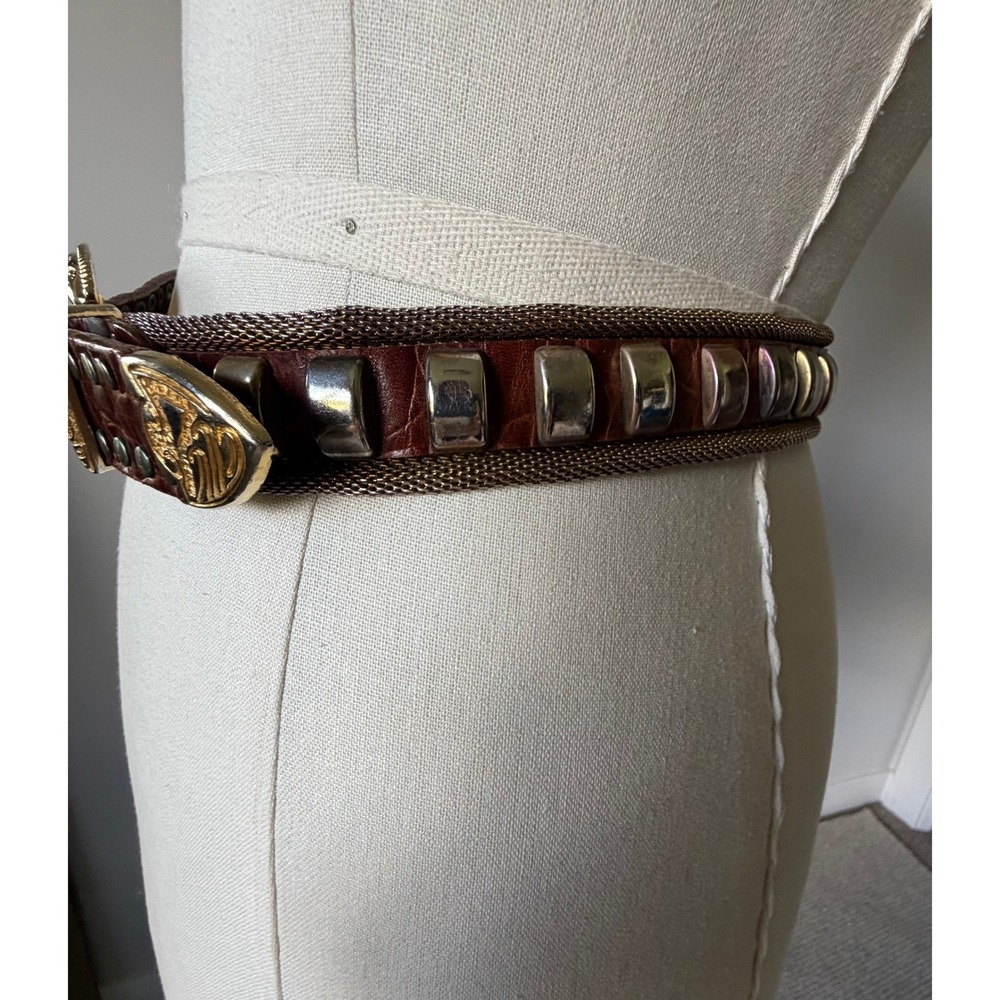 Vintage Brown Croc Leather Western Belt Brass Metal Mesh Studs Ornate Buckle 30" - Picture 4 of 13